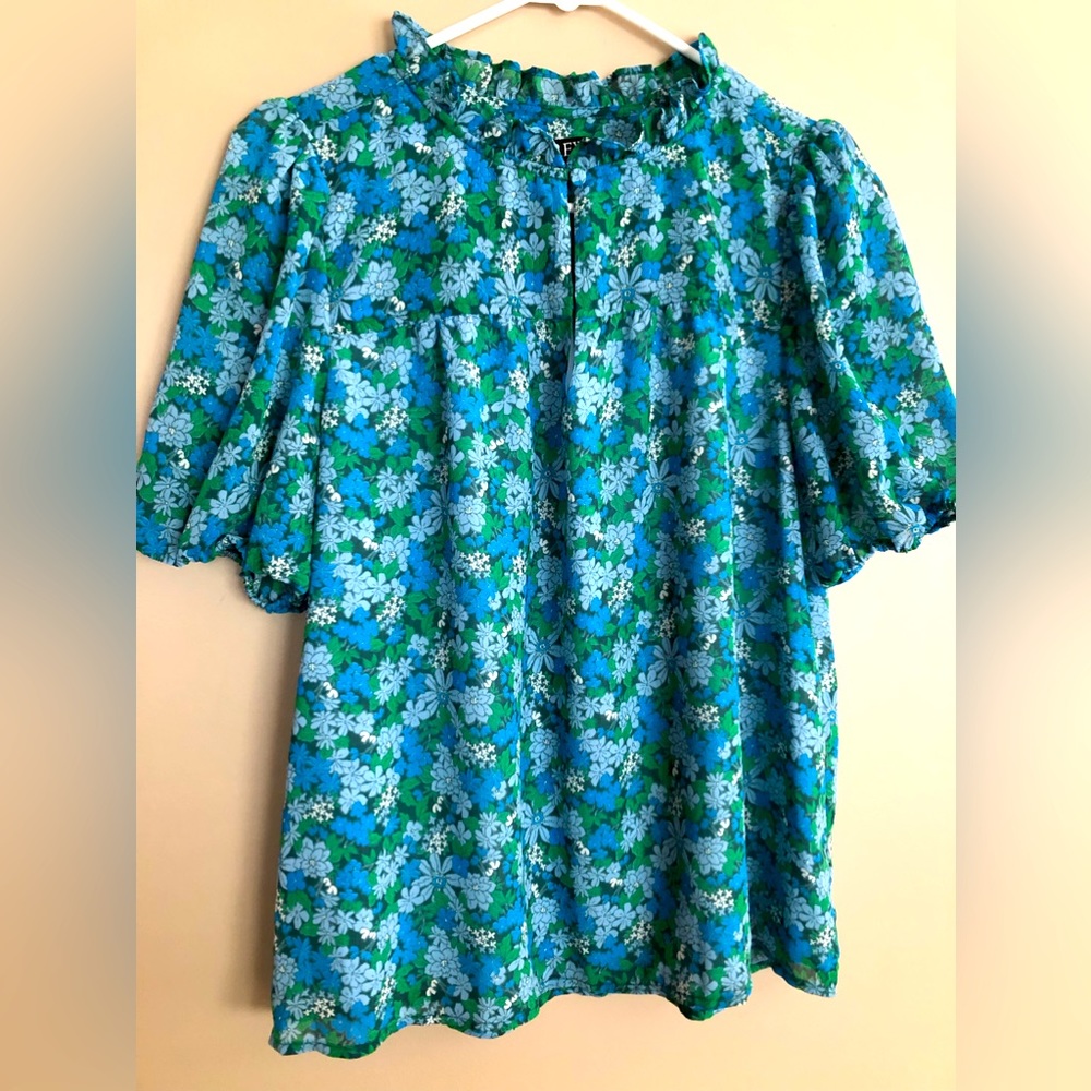 J CREW Blue & Green Floral Blouse Top  Size S